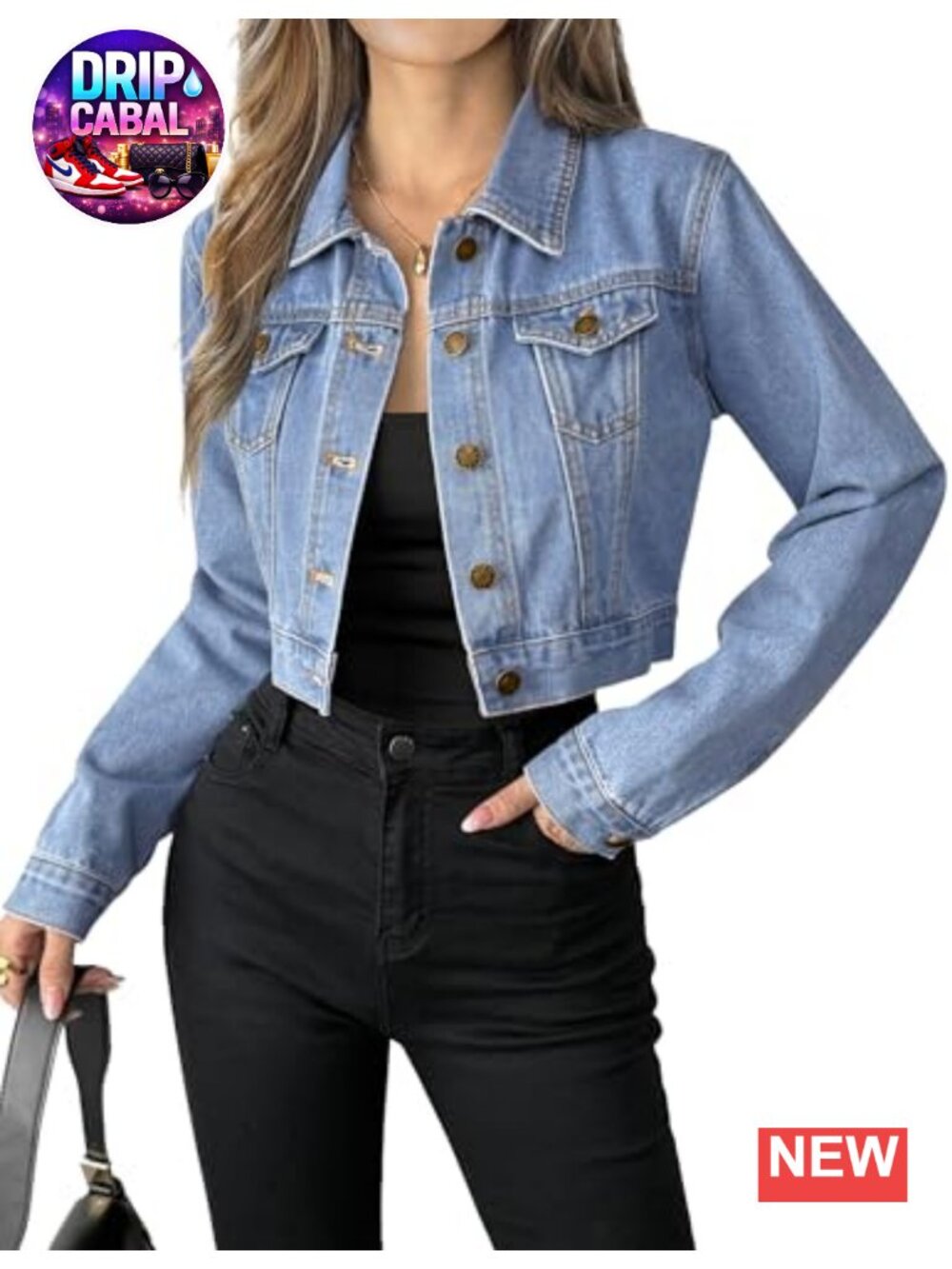 Cropped Denim Jean Jacket Button Down Long Sleeve Cotton Pockets